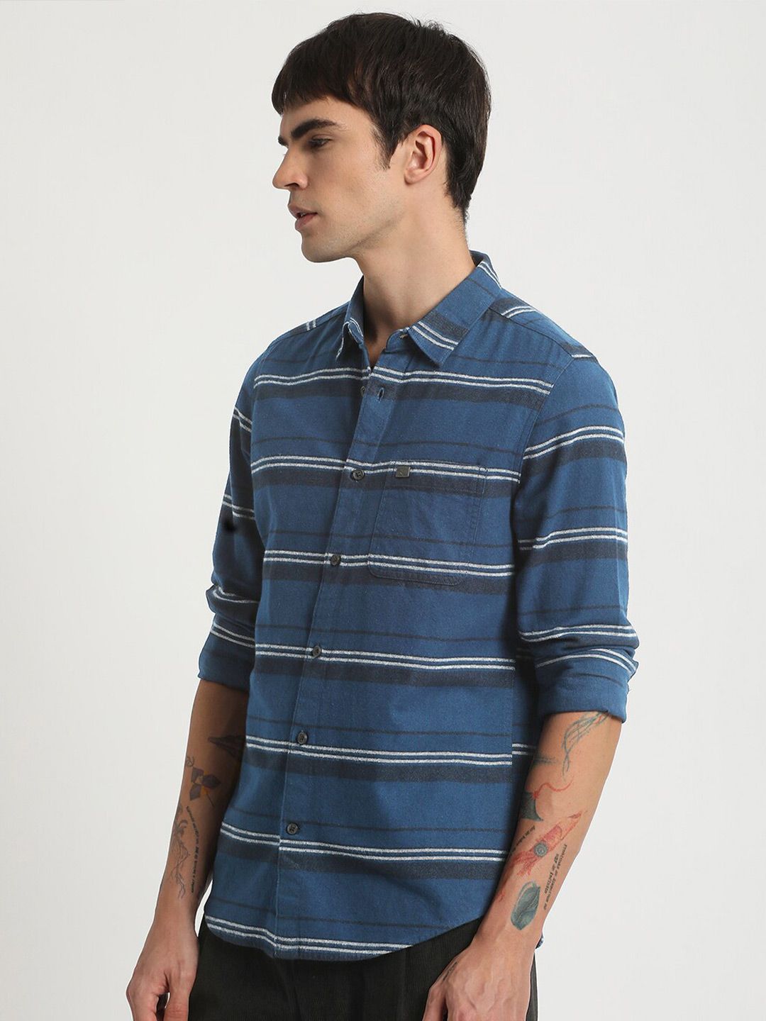 THE BEAR HOUSE Slim Fit Horizontal Striped Flannel Weave Pure Cotton Casual Shirt