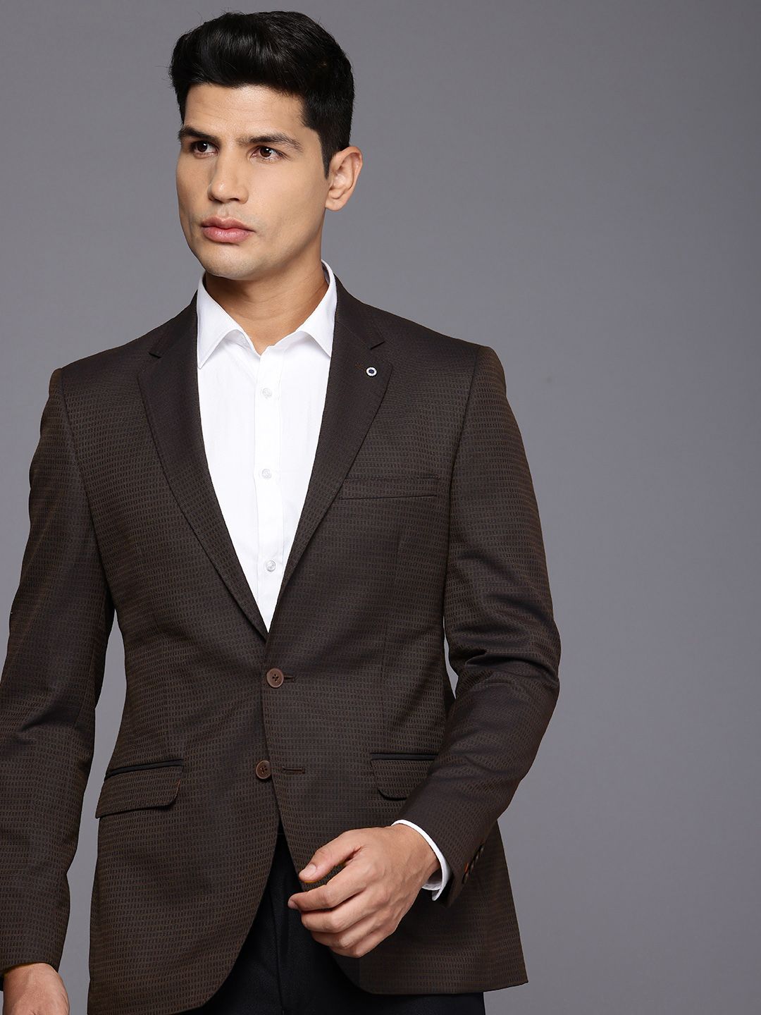 Raymond Notched Lapel Single Breasted Contemporary Fit Self Design Formal Blazers