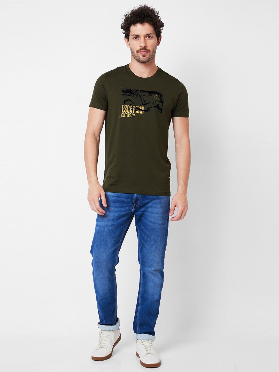 SPYKAR Round Neck Typography Printed Cotton Slim Fit T-shirt