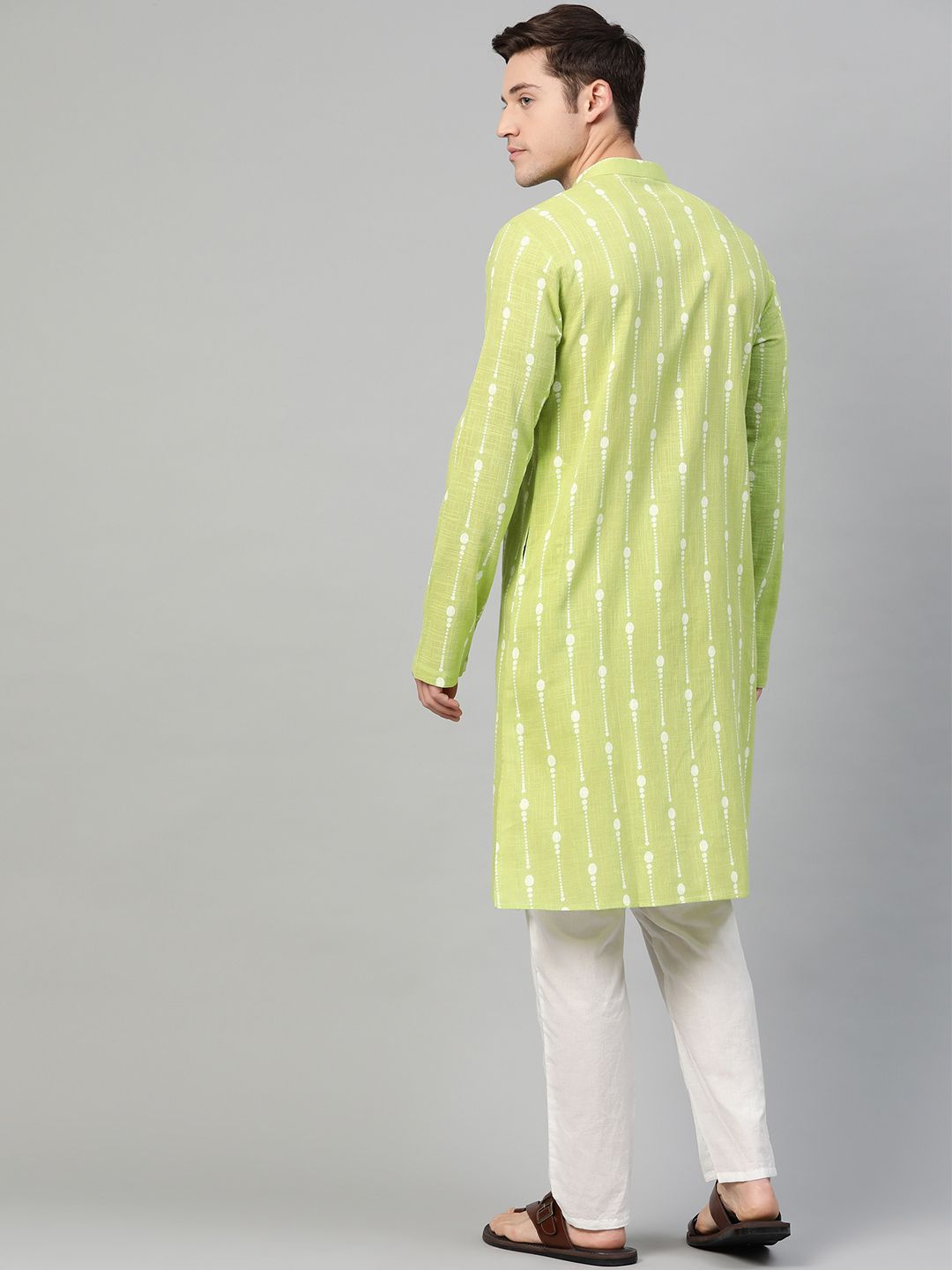 See Designs Men Lime Green & White Printed Pure Cotton Straight Kurta