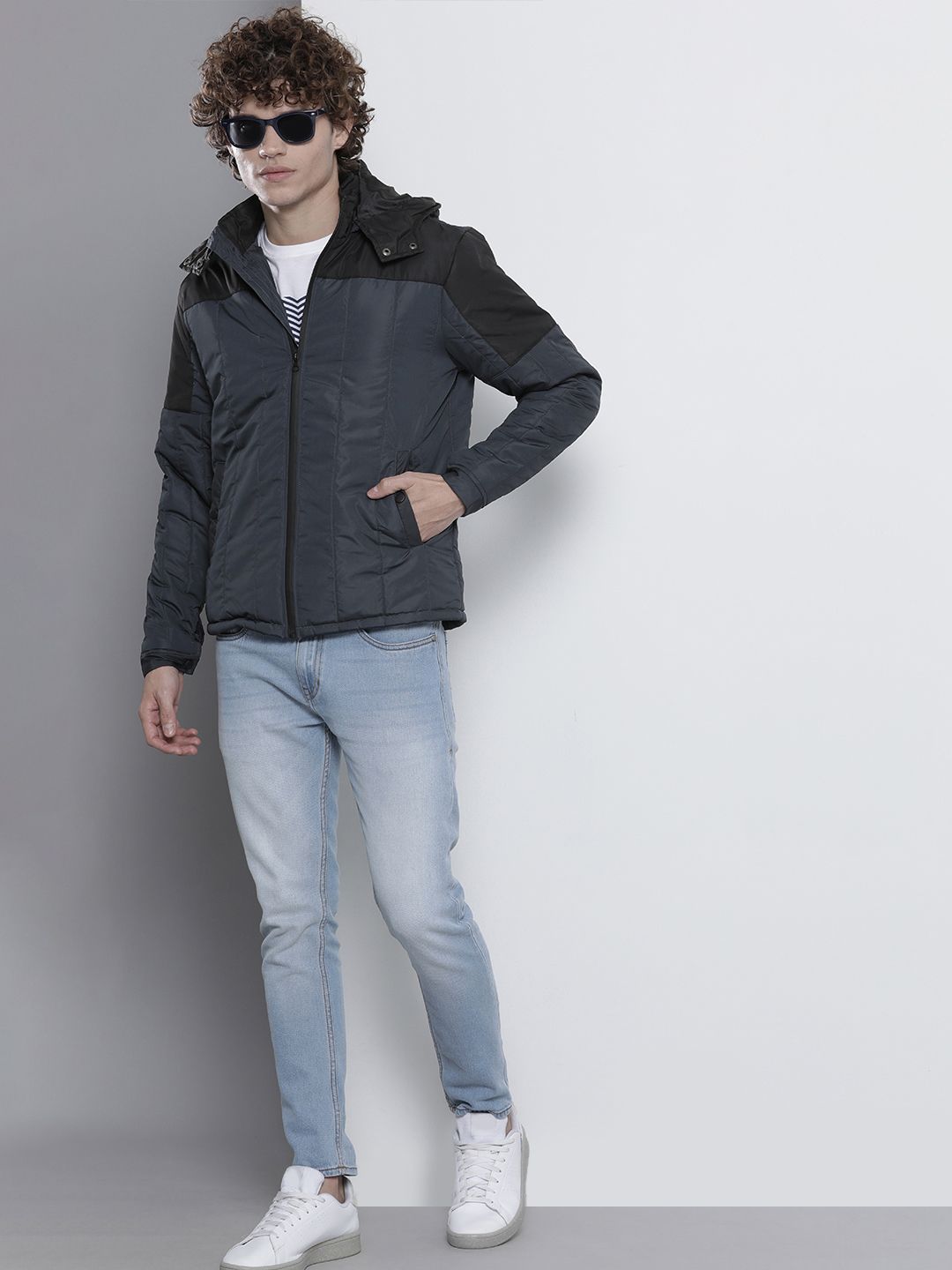 The Indian Garage Co Men Colourblock Zip-Front Slim Fit Bomber Jacket with Detachable Hood