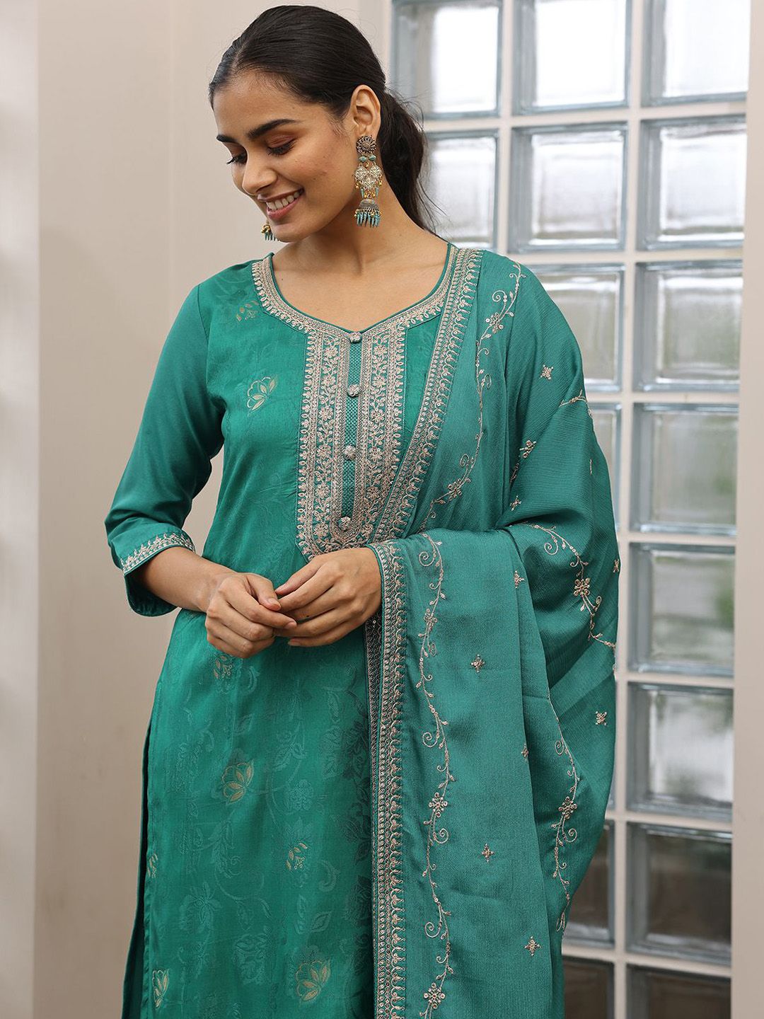 Libas Floral Embroidered Zari Straight Kurta with Palazzos & Dupatta