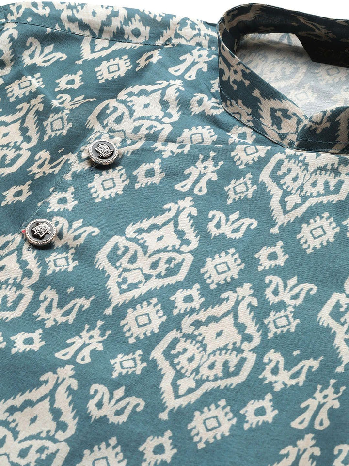 SOJANYA Men Blue & Off-White Printed Straight Angrakha Kurta