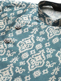 SOJANYA Men Blue & Off-White Printed Straight Angrakha Kurta