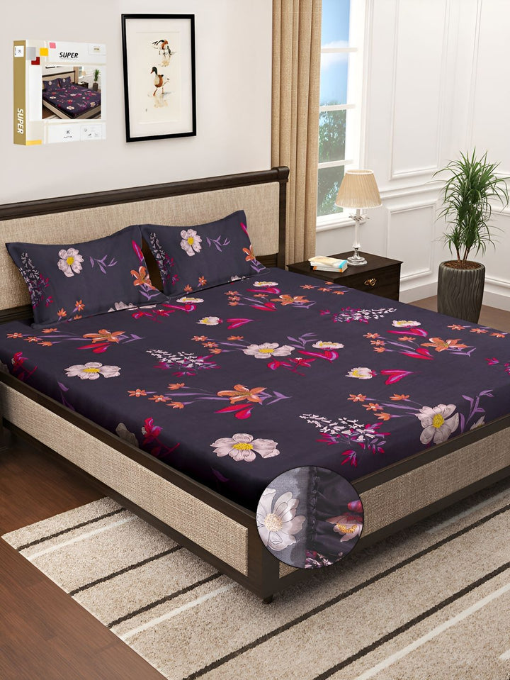 KLOTTHE Biru Navy Floral Dilengkapi 300 TC Cadar King Double & 2 Sarung Bantal- 250X225 cm