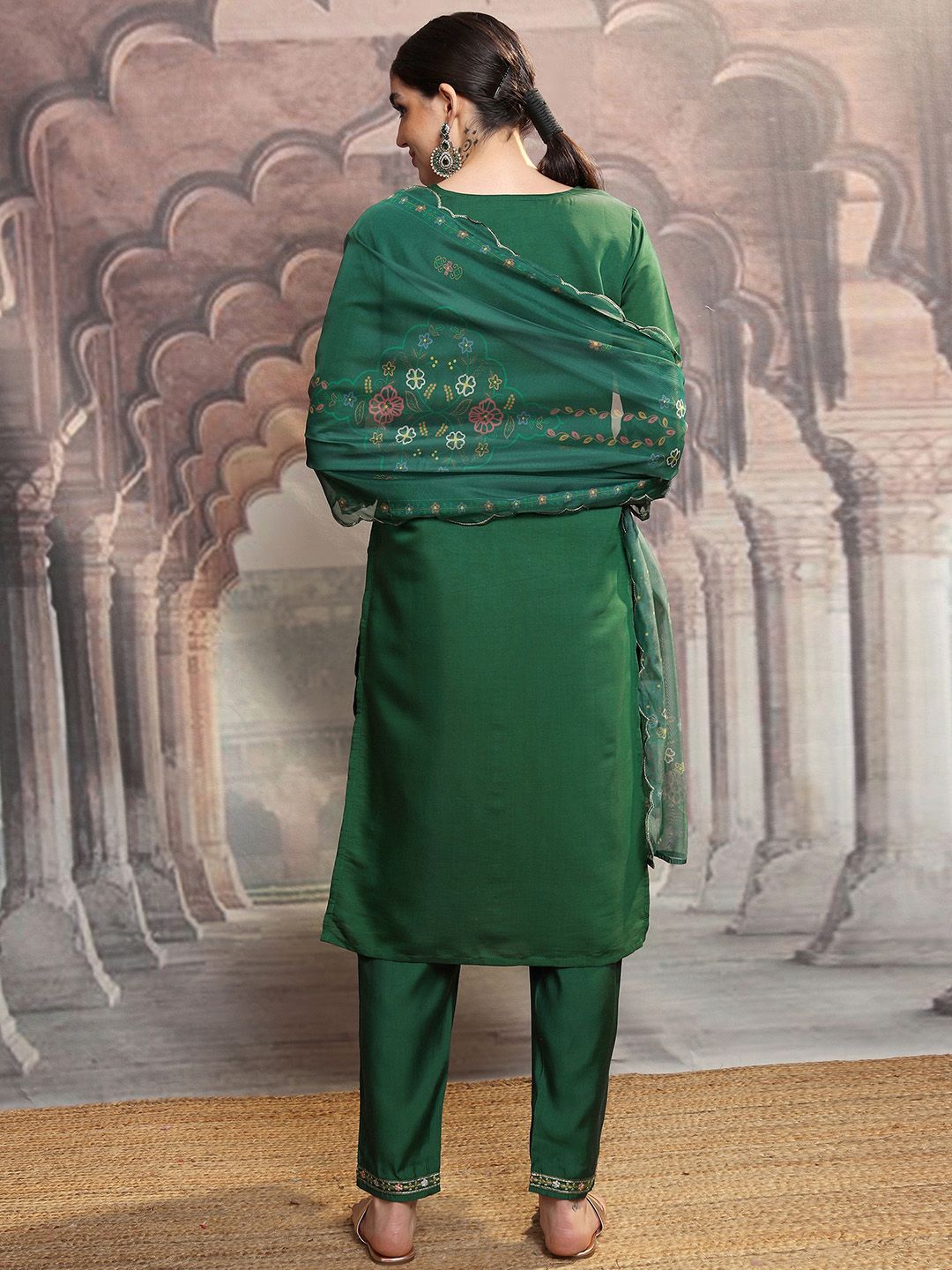 Vishudh Green Floral Embroidered Thread Work Straight Kurta With Trousers & Dupatta