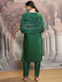 Vishudh Green Floral Embroidered Thread Work Straight Kurta With Trousers & Dupatta