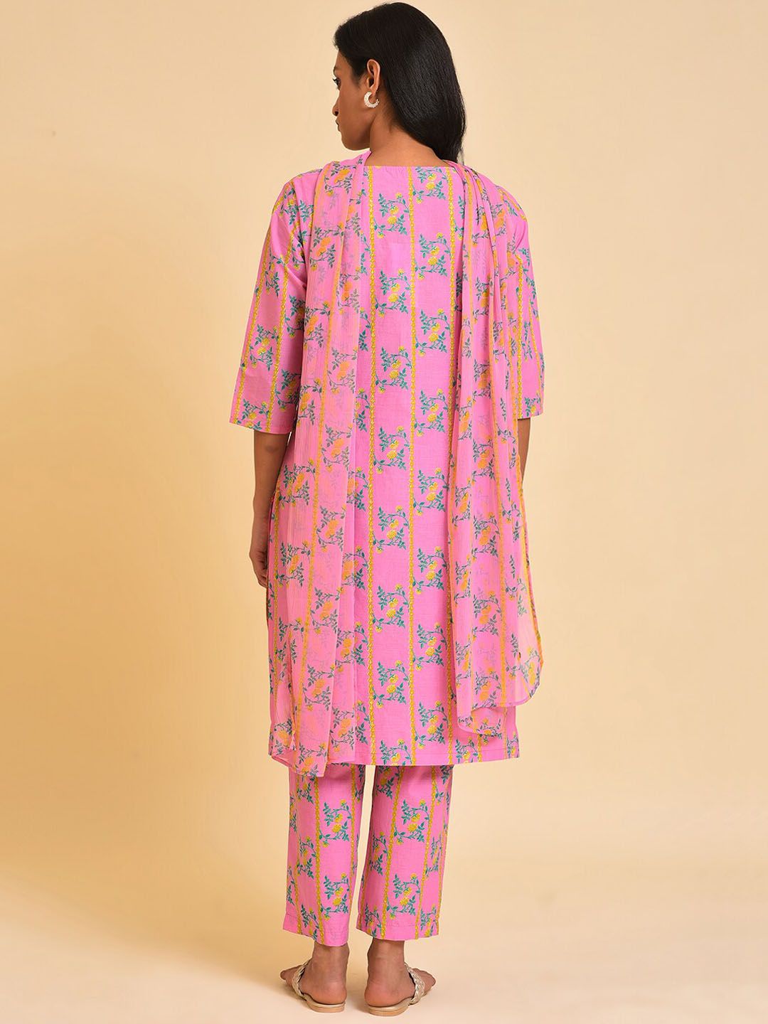W Pink & Green & Yellow Floral Printed Pure Cotton Kurta With Trousers & Dupatta