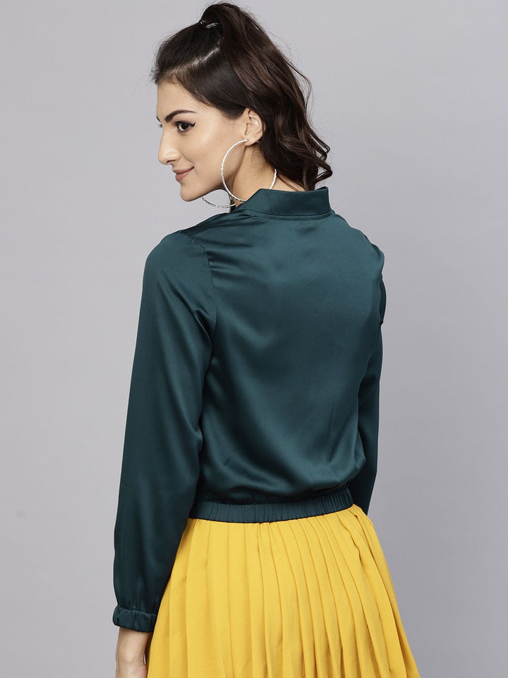 STREET 9 Women Teal Green Solid Satin Cropped Bomber Jacket