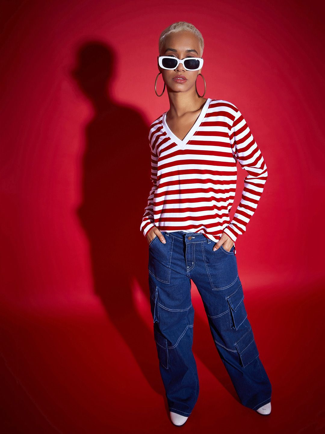 SASSAFRAS Red Striped V-Neck Long Sleeves Pure Cotton Pullover Sweatshirt