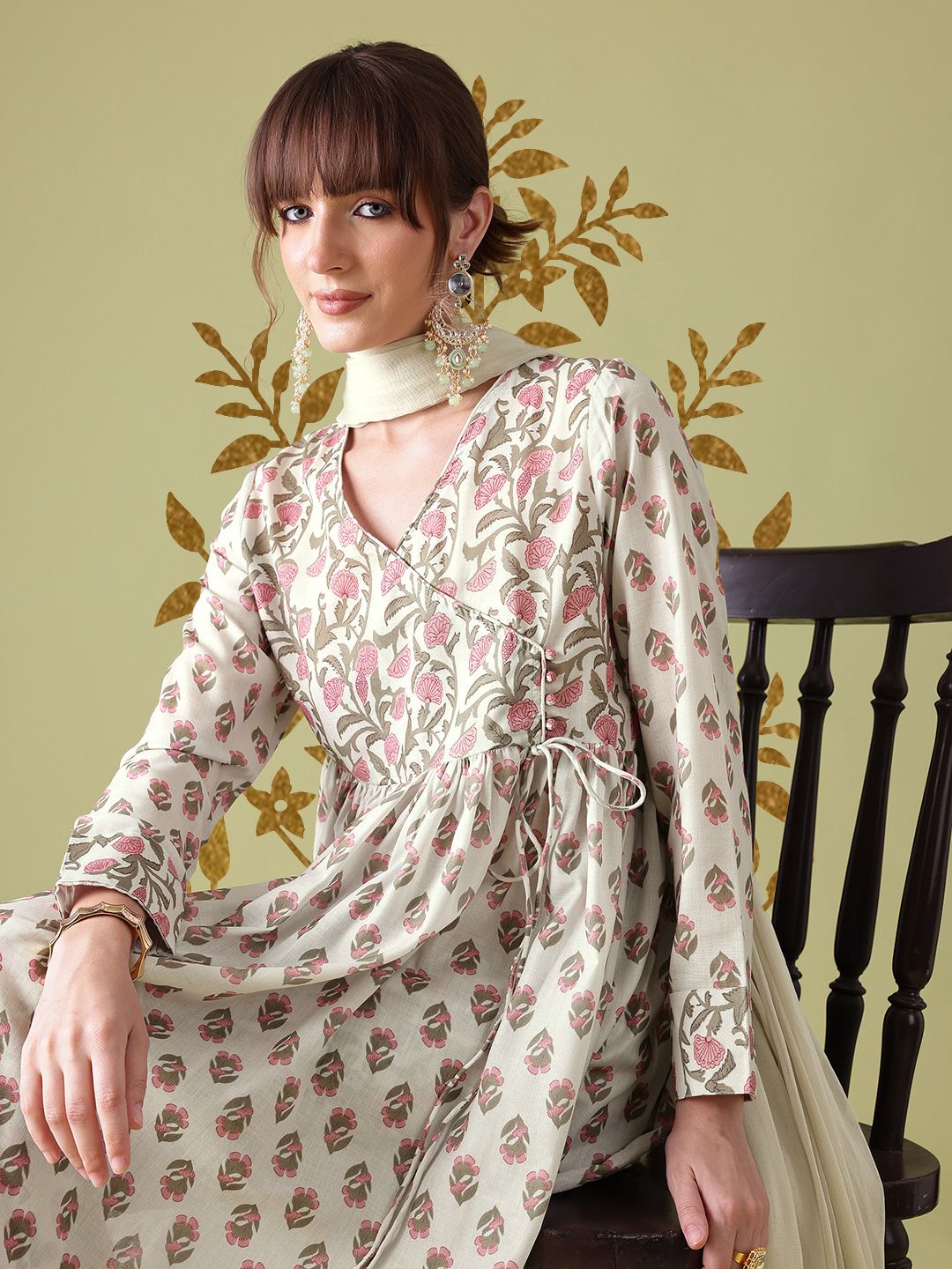 Anouk Women Floral Printed Angrakha Kurta with Trousers & Dupatta