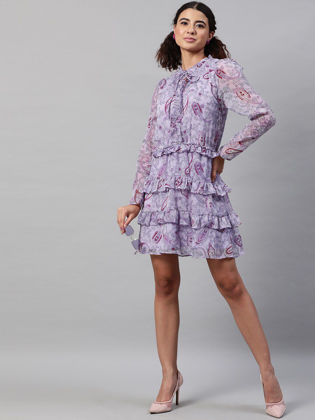 STREET 9 Woman Lavender Floral Tie-Up Neck Shirt Dress