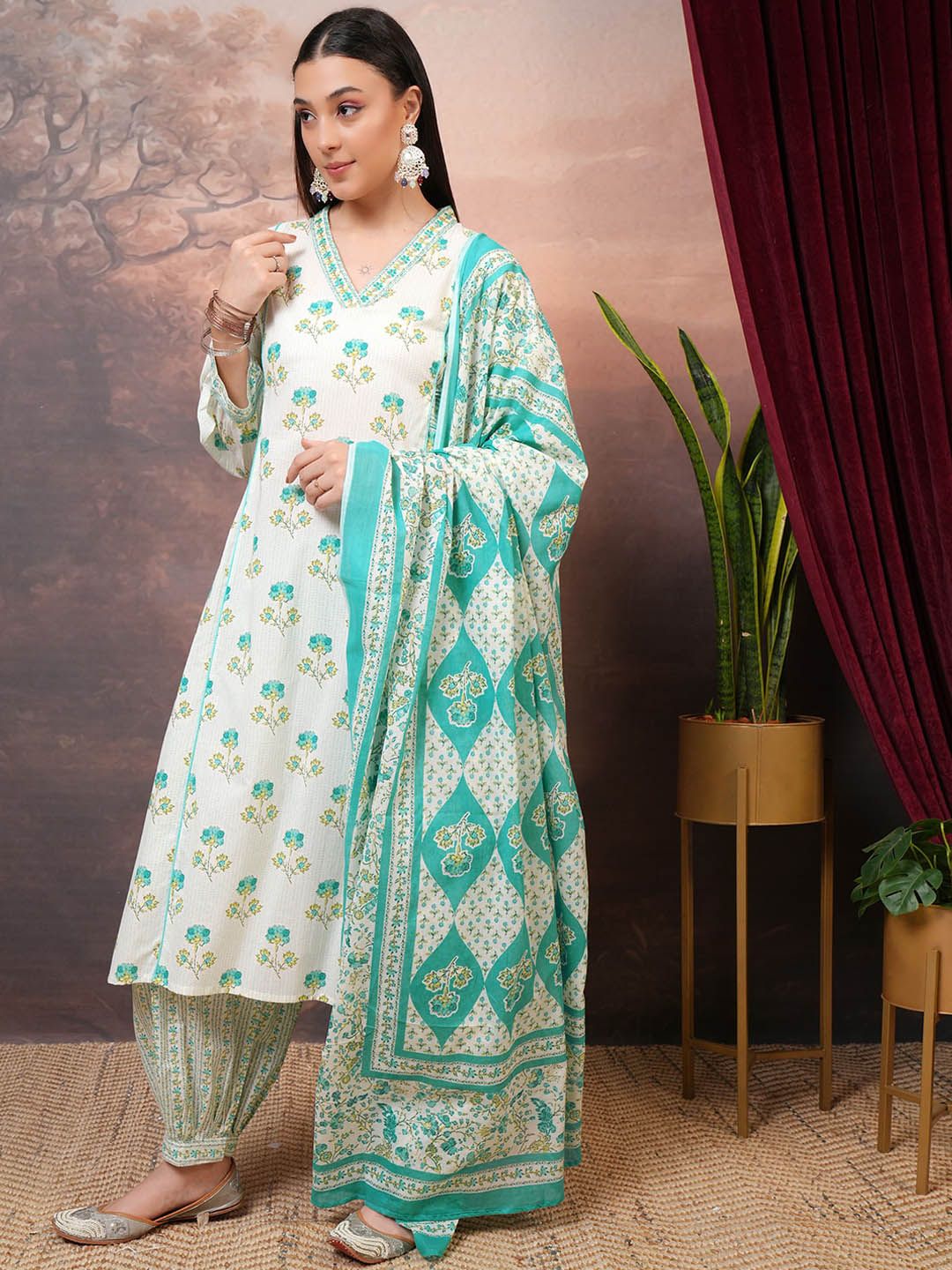 Vishudh Floral Printed Regular Pure Cotton Kurta with Salwar & Dupatta