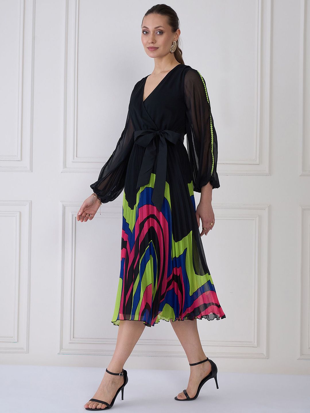 Antheaa Women Puff Sleeve Midi Wrap Dress