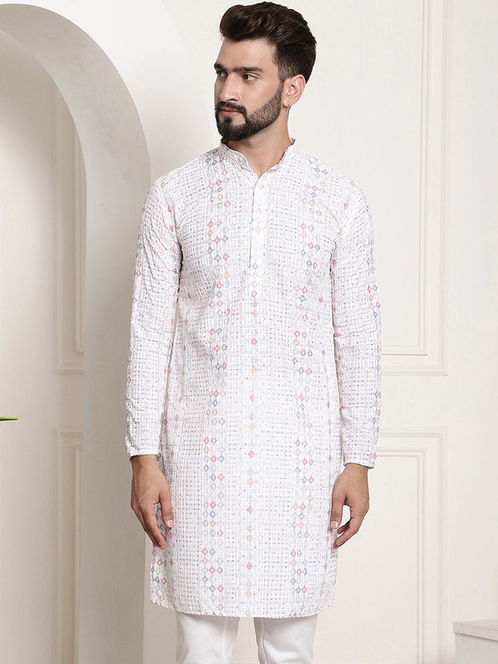 SOJANYA Lelaki White Geometric Printed Thread Work Kurta