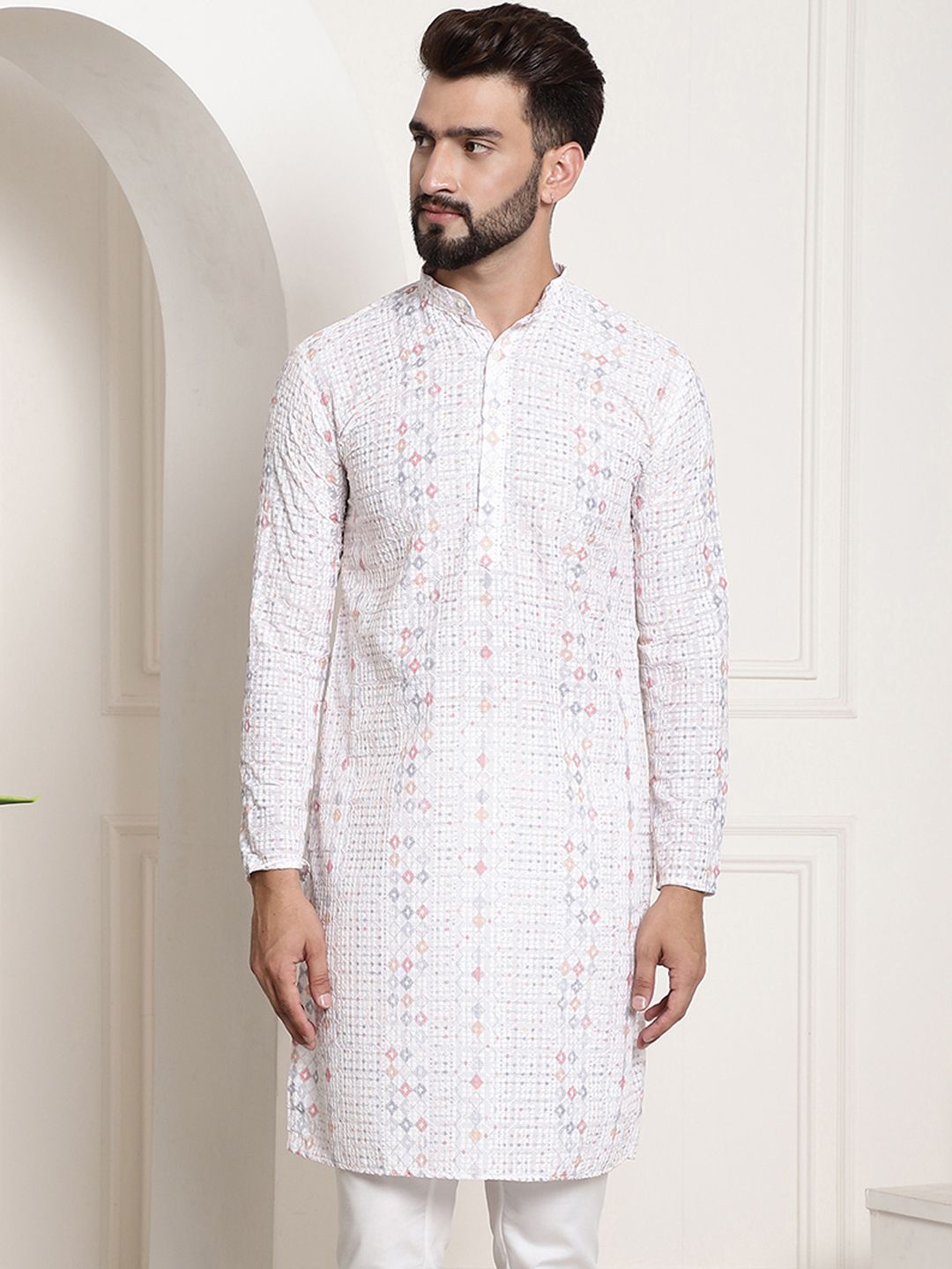 SOJANYA Lelaki White Geometric Printed Thread Work Kurta