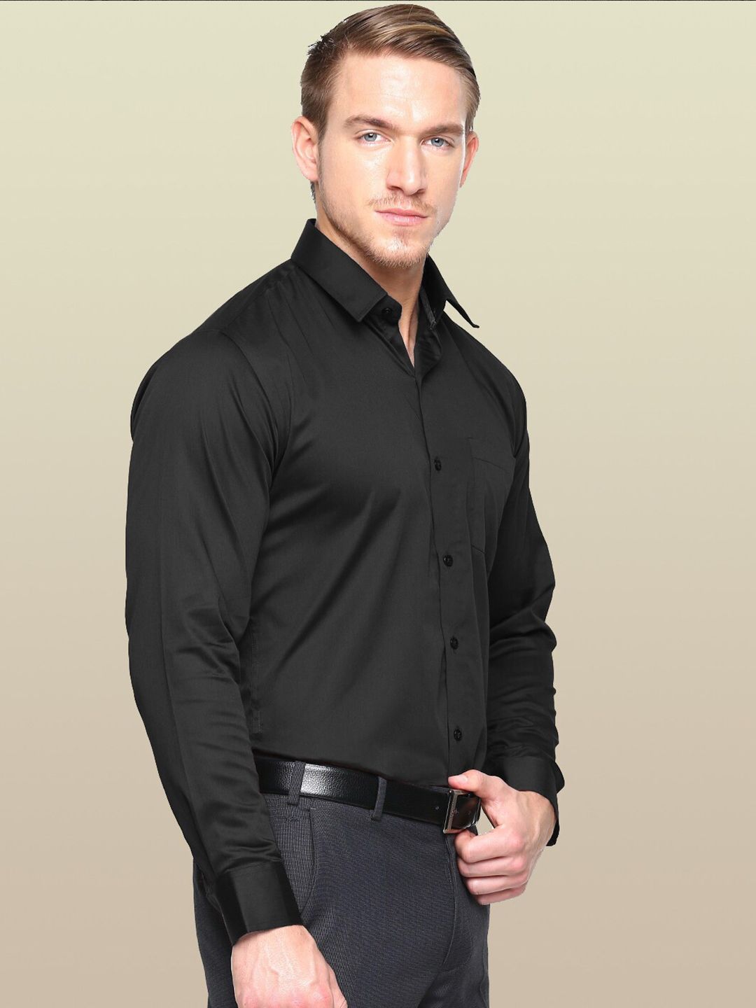 Hancock Men Black Club Slim Fit Cotton Satin Formal Shirt
