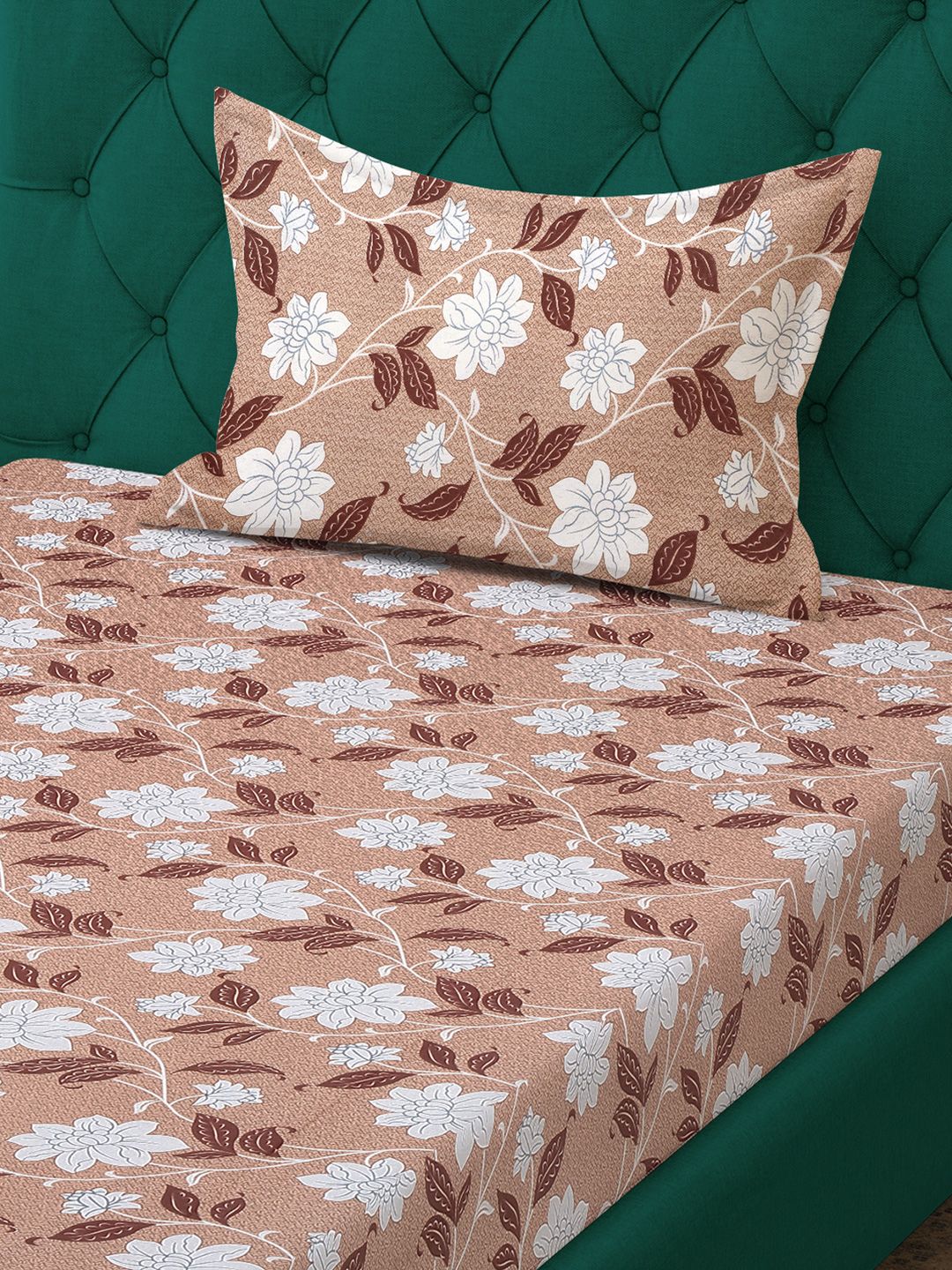 KLOTTHE Beige & White Floral Printed Pure Cotton 400 TC Single Bedsheet With Pillow Cover
