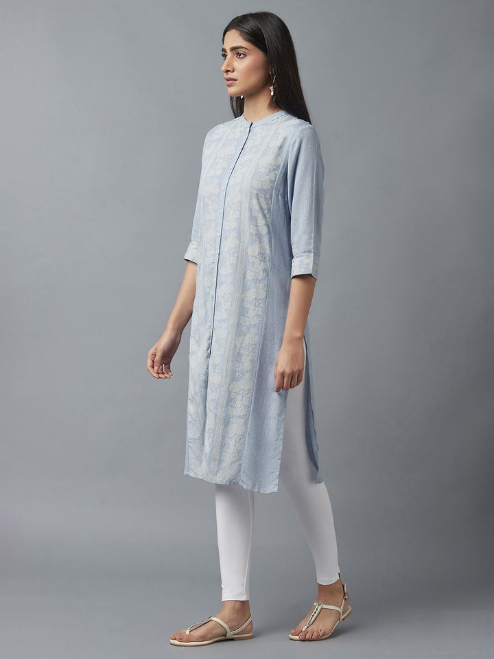 W Women Blue & White Ethnic Motifs Printed Thread Work Kurta