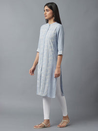 W Women Blue & White Ethnic Motifs Printed Thread Work Kurta