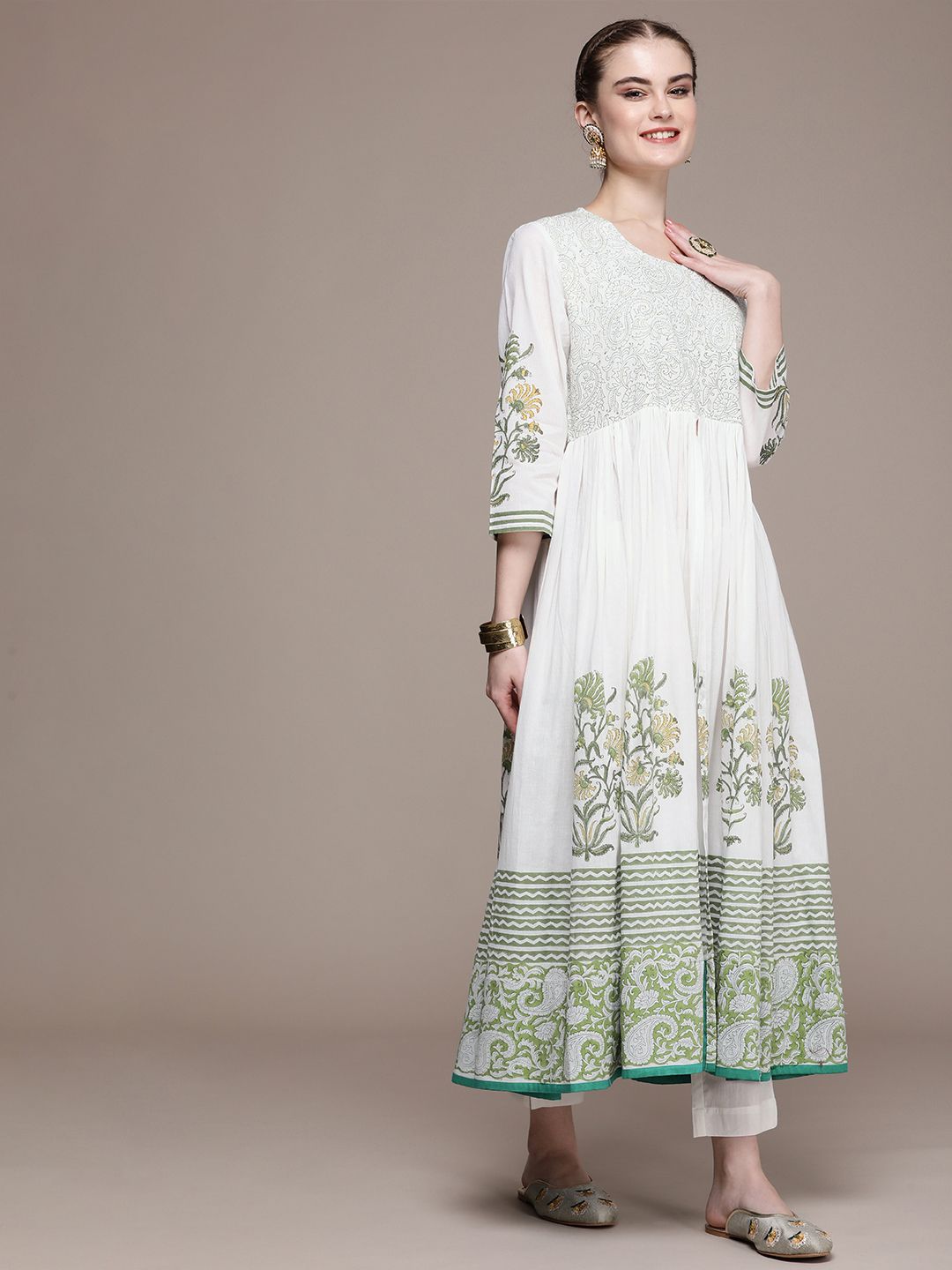 Anouk Women Ethnic Motifs Yoke Design Pleated Pure Cotton Kurta with Trousers & Dupatta