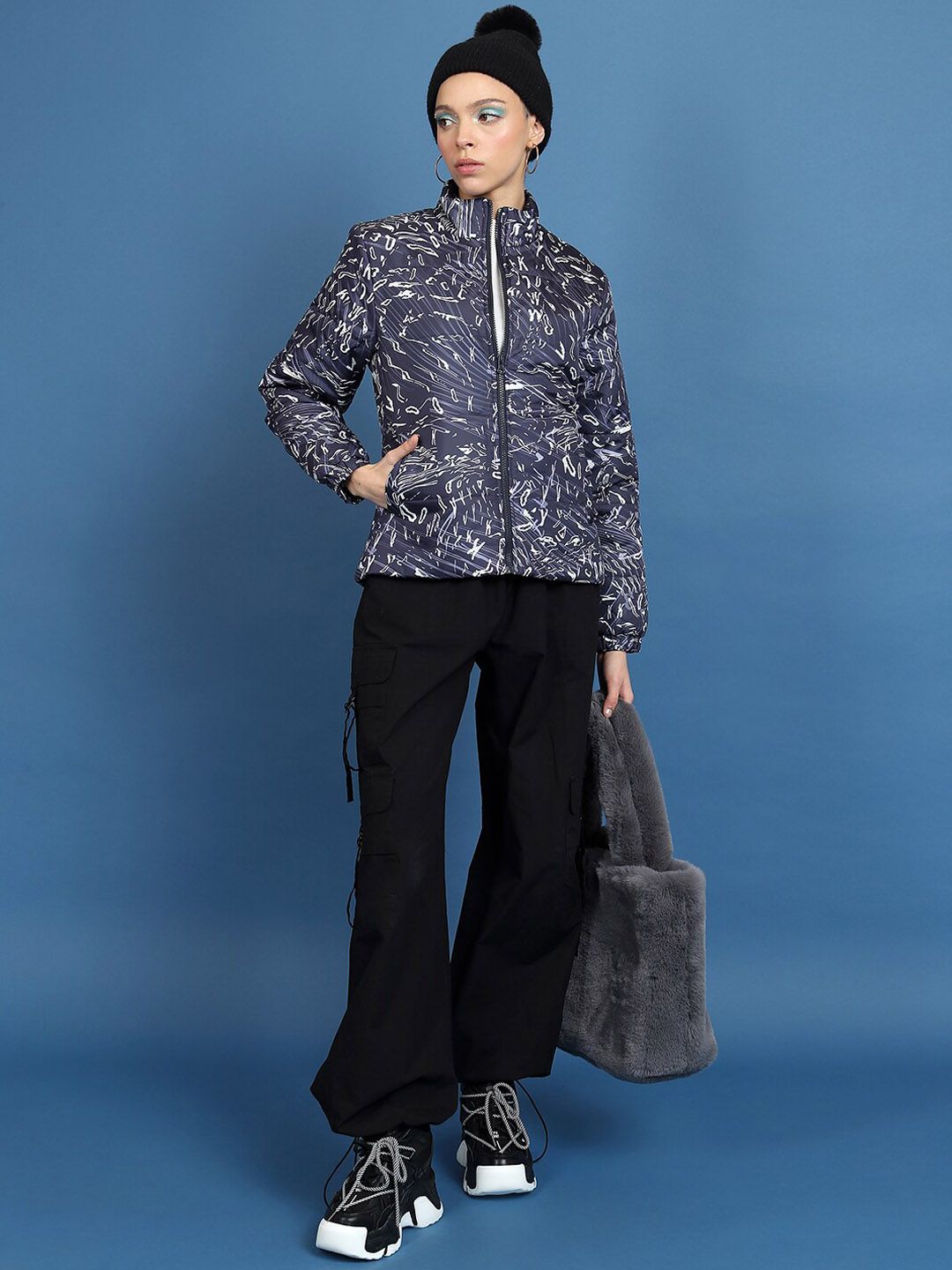 Tokyo Talkies Printed Mock Collar Puffer Jacket