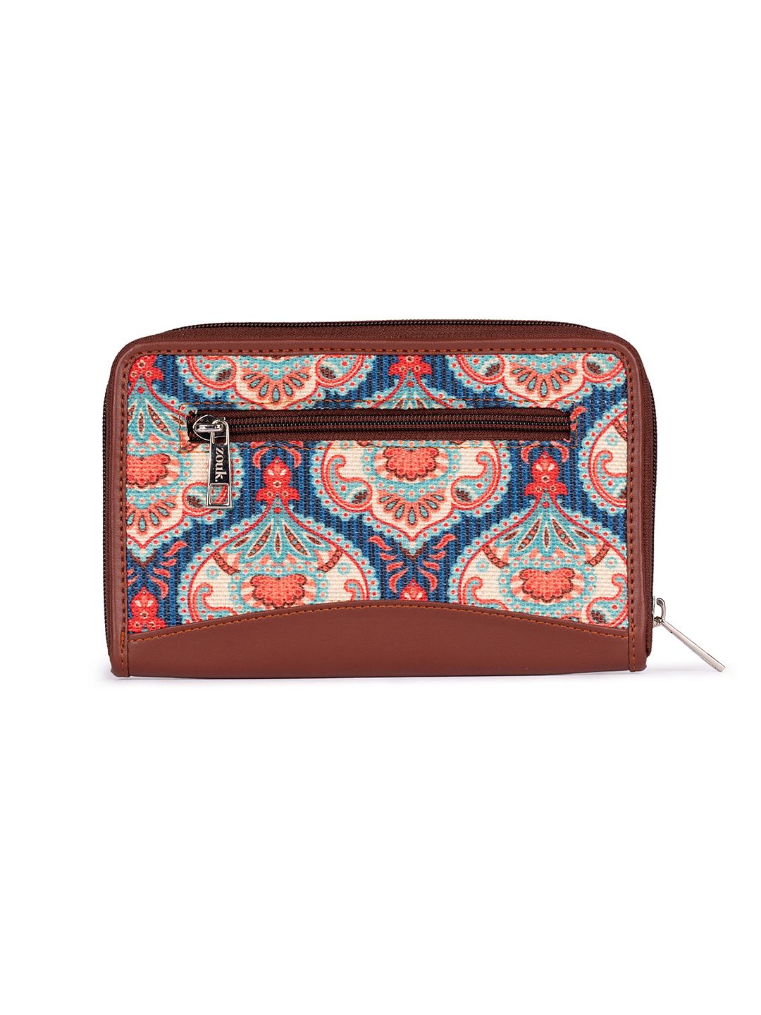 ZOUK Women Blue & Brown Ethnic Motifs Printed Zip Around Wallet