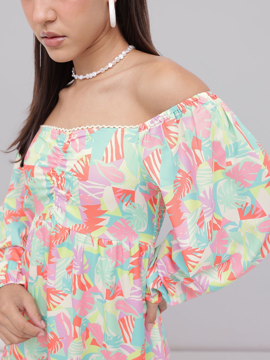 DressBerry Tropical Glam Printed Smocked Off-Shoulder A-line Dress