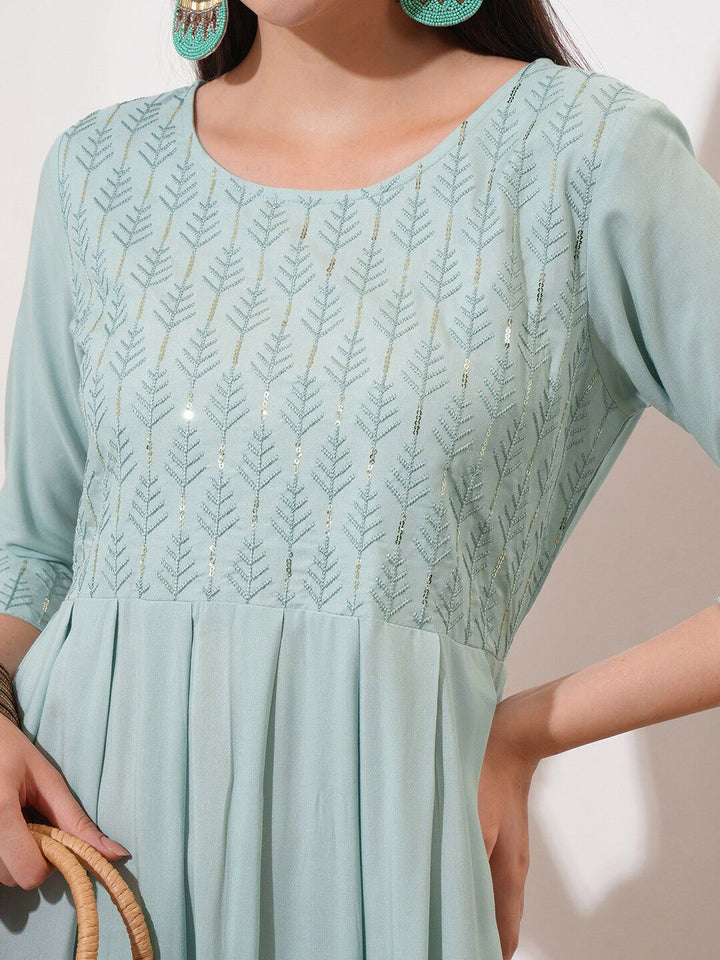 Vishudh Sea Green Ethnic Motifs Printed Cotton Fit & Flare Midi Dress