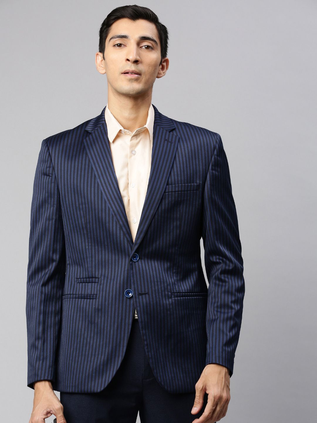 Park Avenue Men Navy Blue & Black Striped Super Slim Fit Single-Breasted Formal Blazer