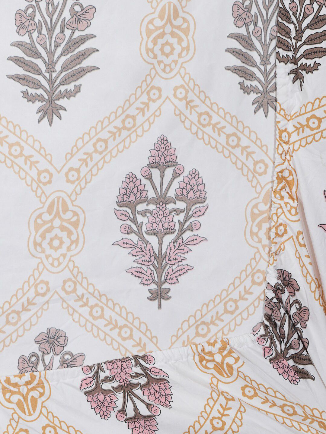 KLOTTHE White Ethnic Motifs Cotton 300 TC Fitted King Fine Bedsheet with 2 Pillow Covers-98 x 89 inches