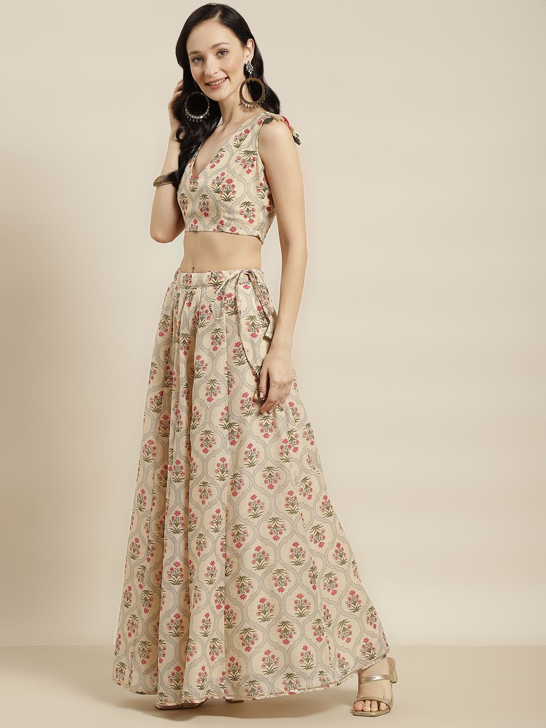 Shae by SASSAFRAS Beige & Pink Printed Ready to Wear Lehenga