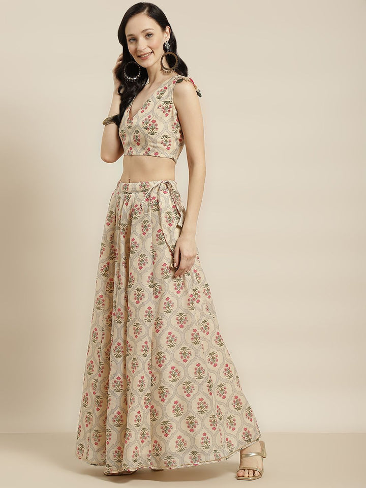 Shae by SASSAFRAS Beige & Pink Printed Ready to Wear Lehenga
