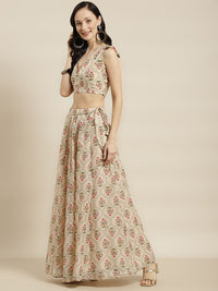 Shae by SASSAFRAS Beige & Pink Printed Ready to Wear Lehenga