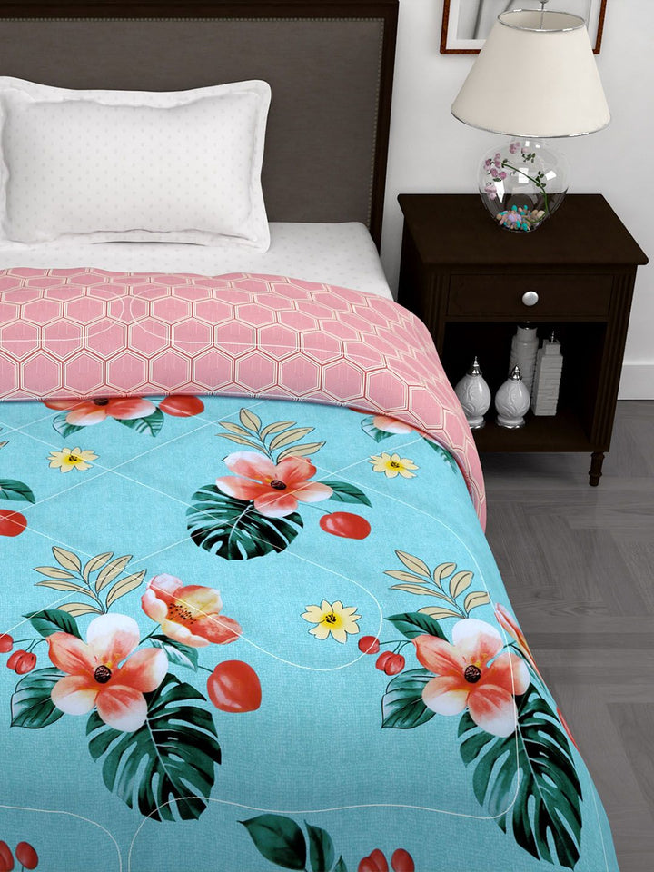 Story@home Pink & Blue Floral 180 GSM AC Room Reversible Single Bed Comforter