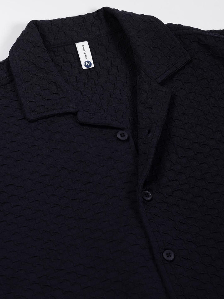 Thomas Scott Men Premium Cuban Collar Textured Cotton Relaxed Fit Casual Shirt