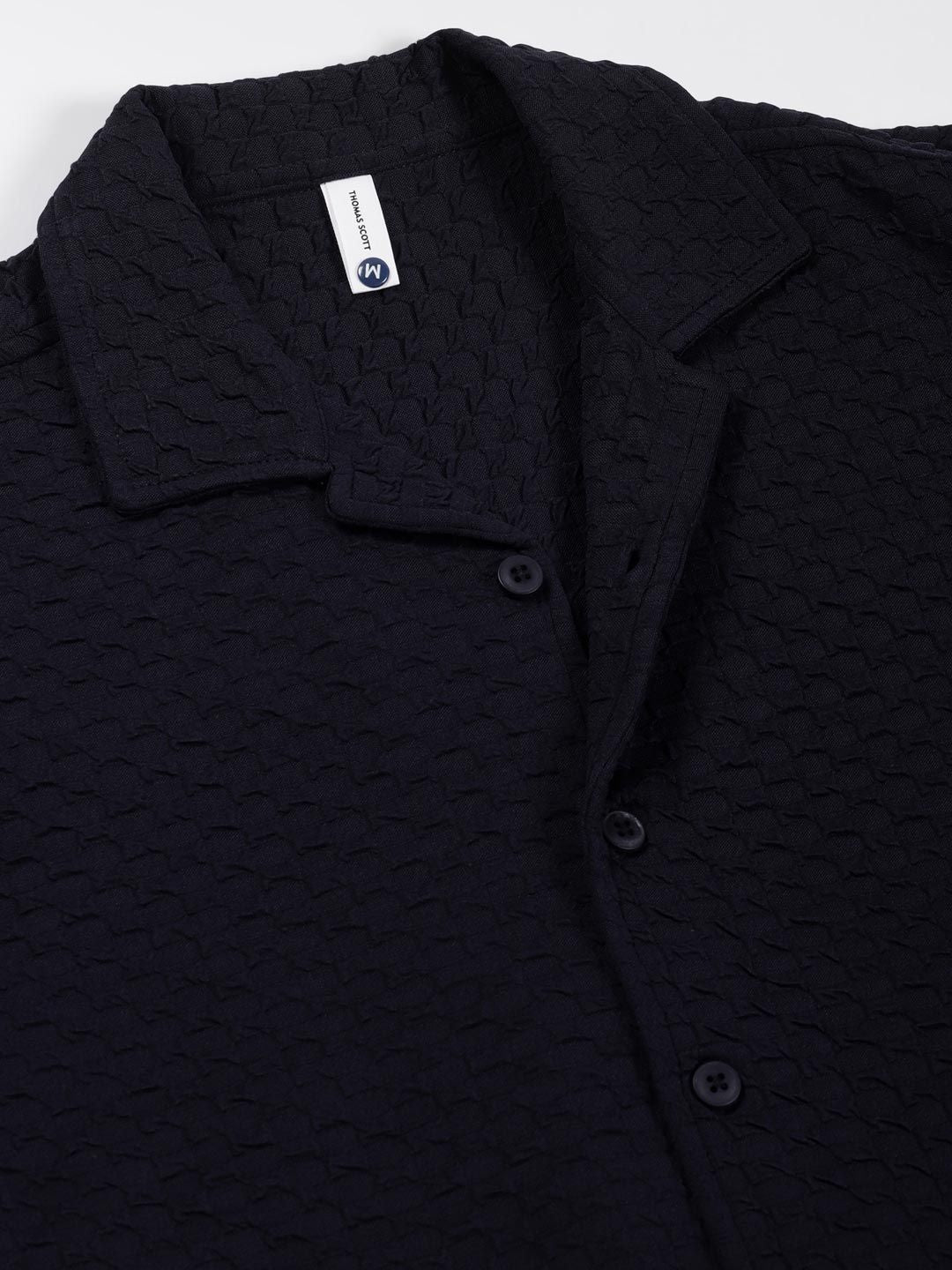 Thomas Scott Men Premium Cuban Collar Textured Cotton Relaxed Fit Casual Shirt