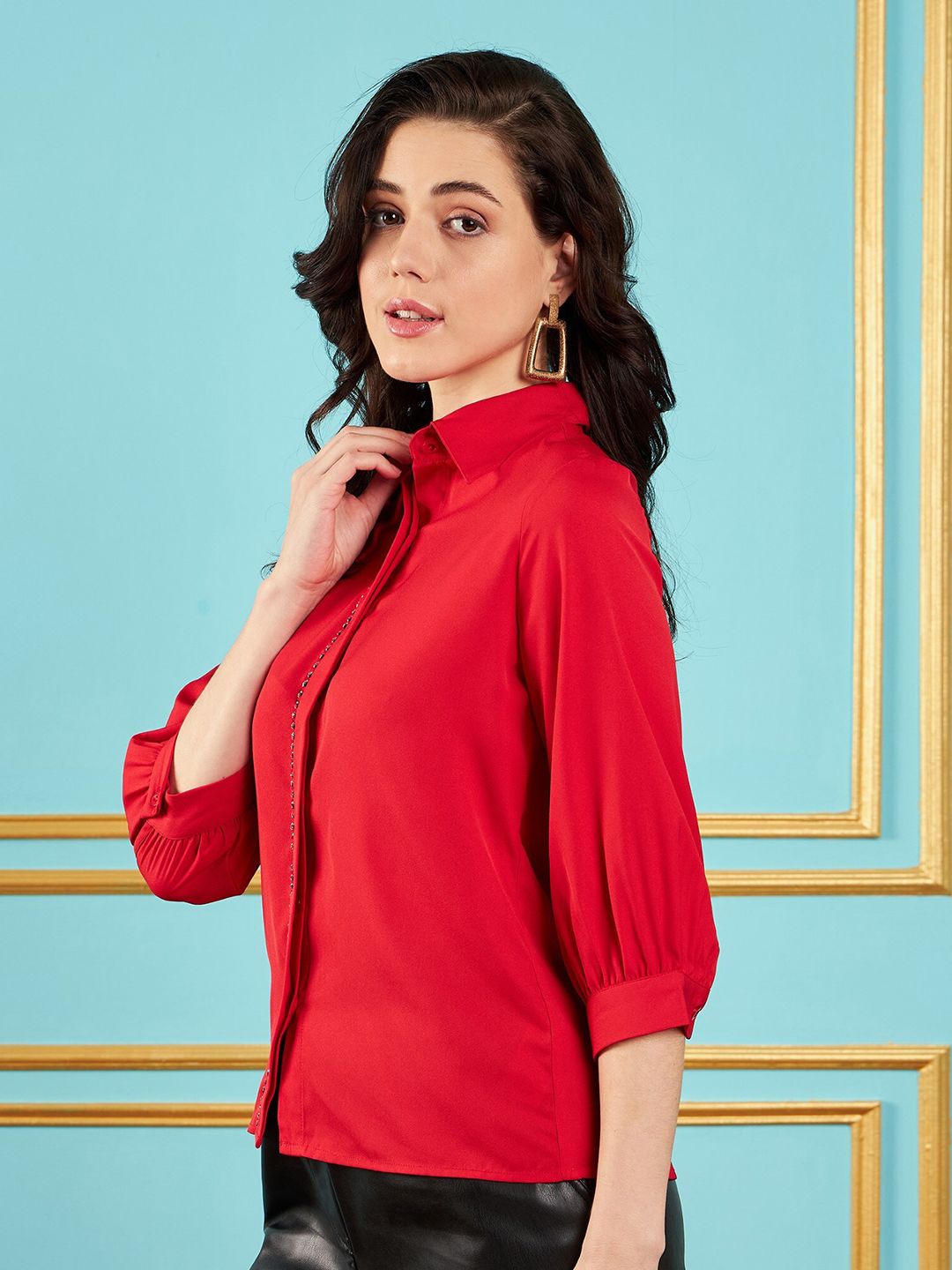 SASSAFRAS Red Puff Sleeves Embroidered Party Shirt