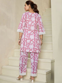 Indo Era Floral Printed V Neck Pure Cotton A-Line Kurta with Trousers