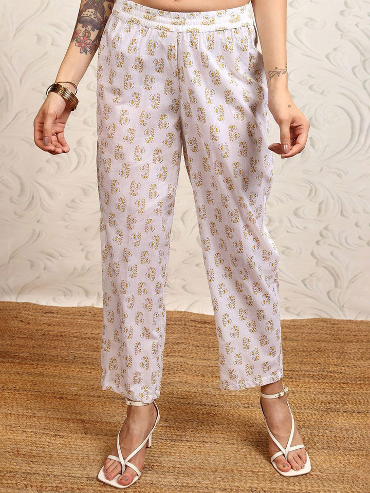 Vishudh Yellow Printed Sleevsless Pure Cotton Anarkali Kurta With Trousers & Dupatta