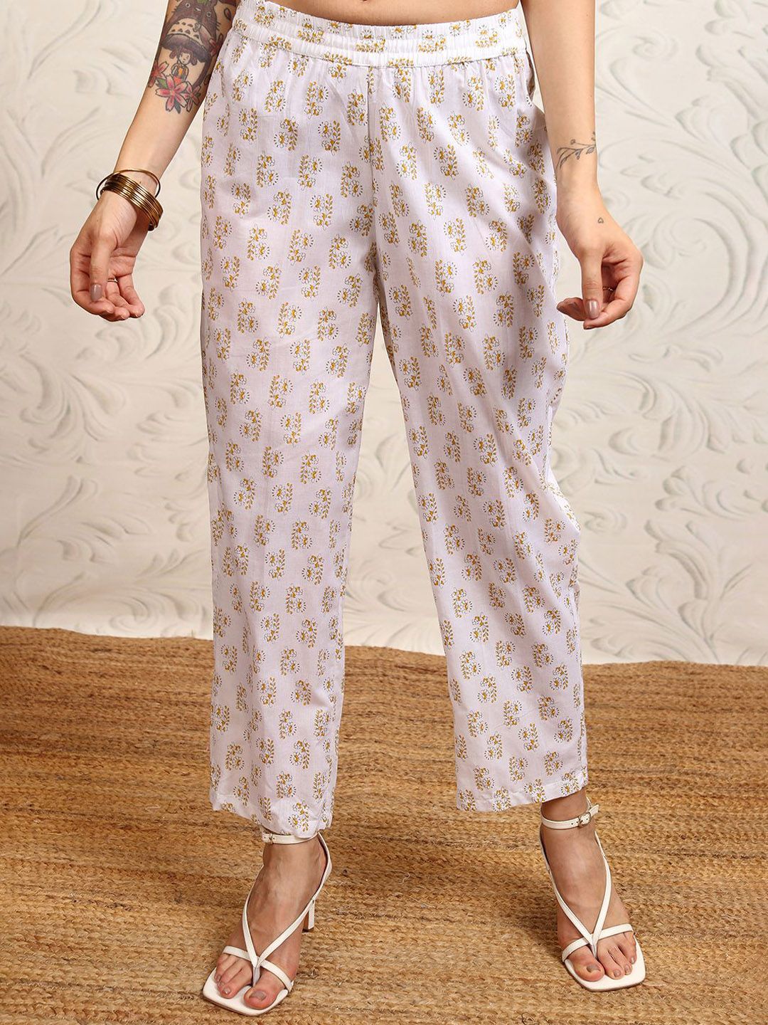 Vishudh Yellow Printed Sleevsless Pure Cotton Anarkali Kurta With Trousers & Dupatta