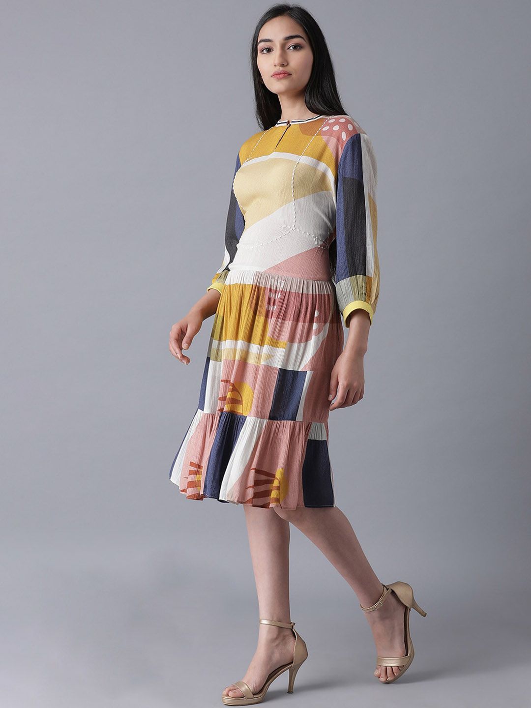 W Women Mustard Printed Viscose Rayon Fit & Flare Dress