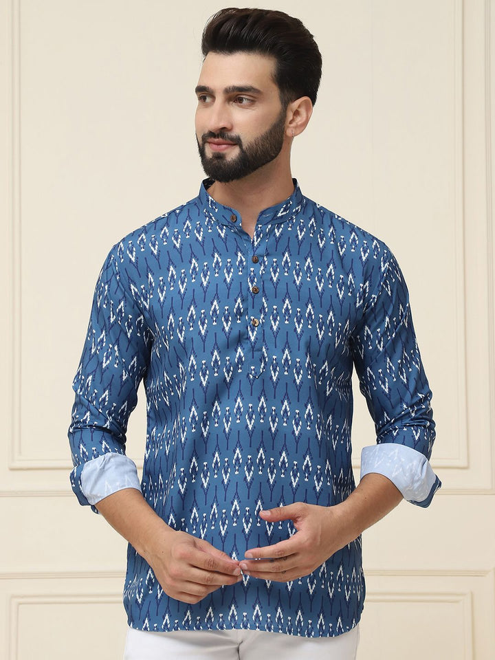 SOJANYA Kurta Bercetak Motif Etnik Biru Teal Lelaki