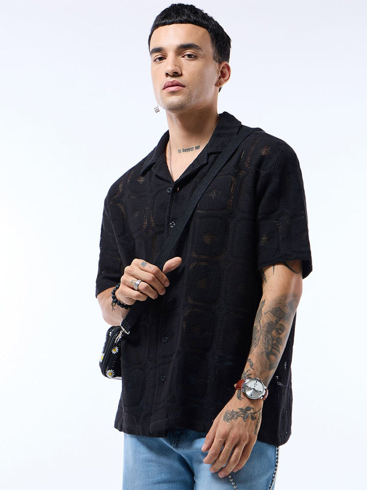 Bewakoof Men Cuban Collar Textured Self Design Pure Cotton Oversized Casual Shirt