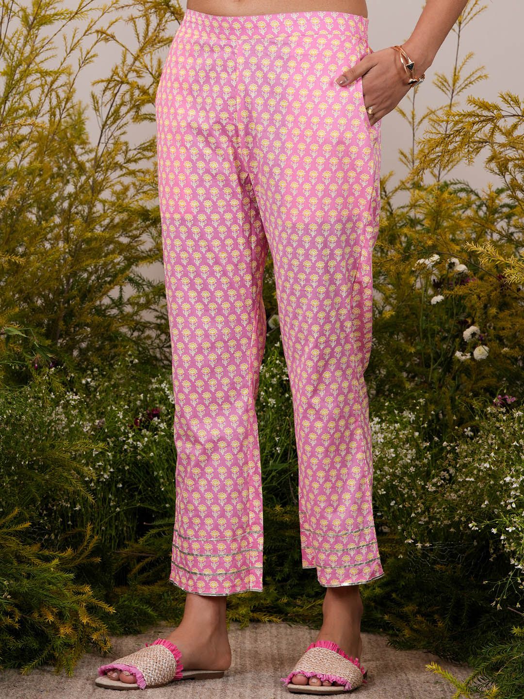 Libas Floral Yoke Design Pleated Gotta Patti Pure Cotton Kurta with Trousers & Dupatta