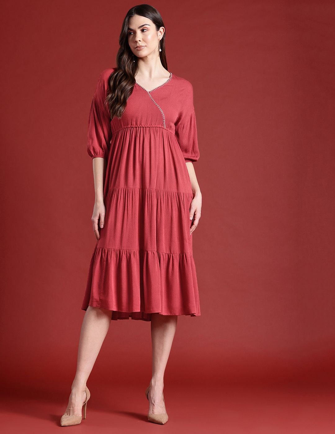 all about you Puff Sleeves Tiered Midi Wrap Style Dress