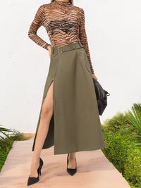 DressBerry Bold & Stylish Side High Slit A-Line Belted Midi Skirt