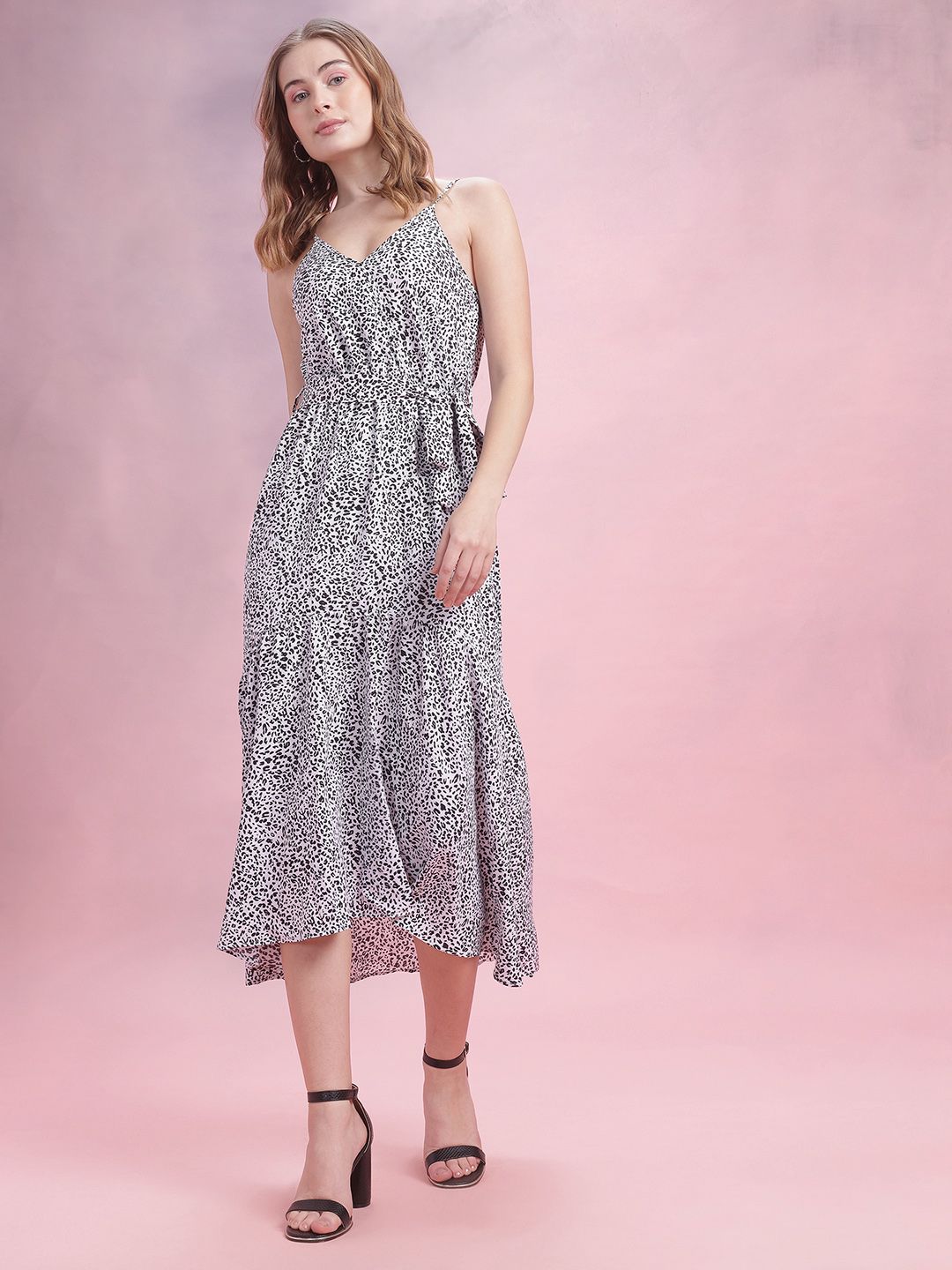 DressBerry Leopard Print Shoulder Straps Maxi Fit & Flare Wrap Dress with Belt