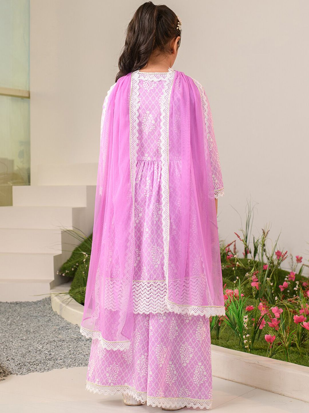 pspeaches Girls Ethnic Motifs Printed Pure Cotton Kurta With Palazzos & Dupatta
