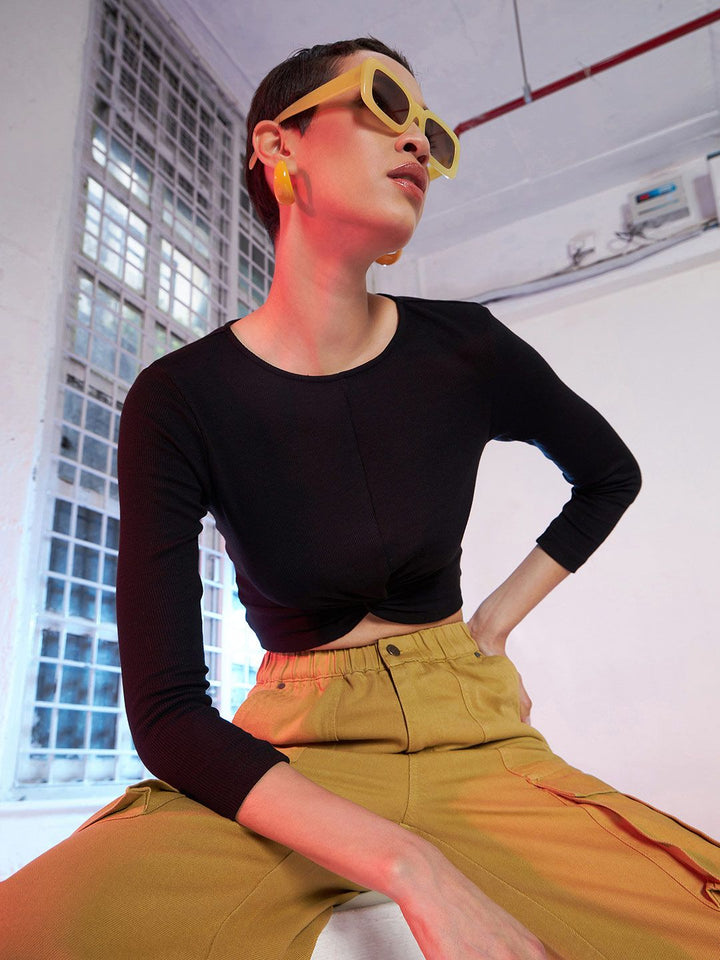 SASSAFRAS Women Black Solid Cropped Twisted Knot Top